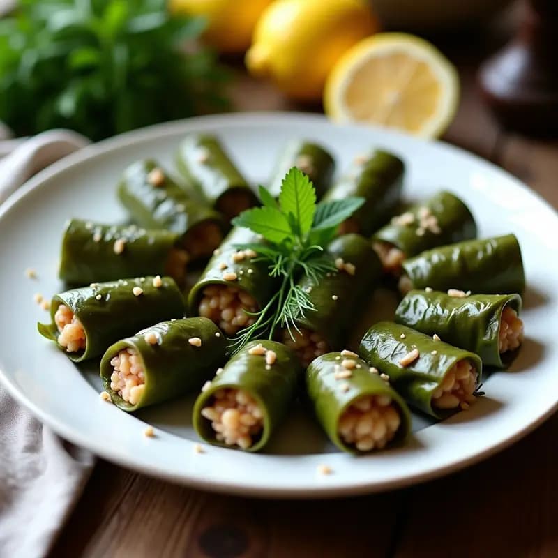 Plato de cerámica blanca con dolmades de vino y hierbas, enrollados en hojas de parra verdes brillantes, decorados con perejil fresco y rodajas de limón. Receta griega vegana con arroz Salvador.