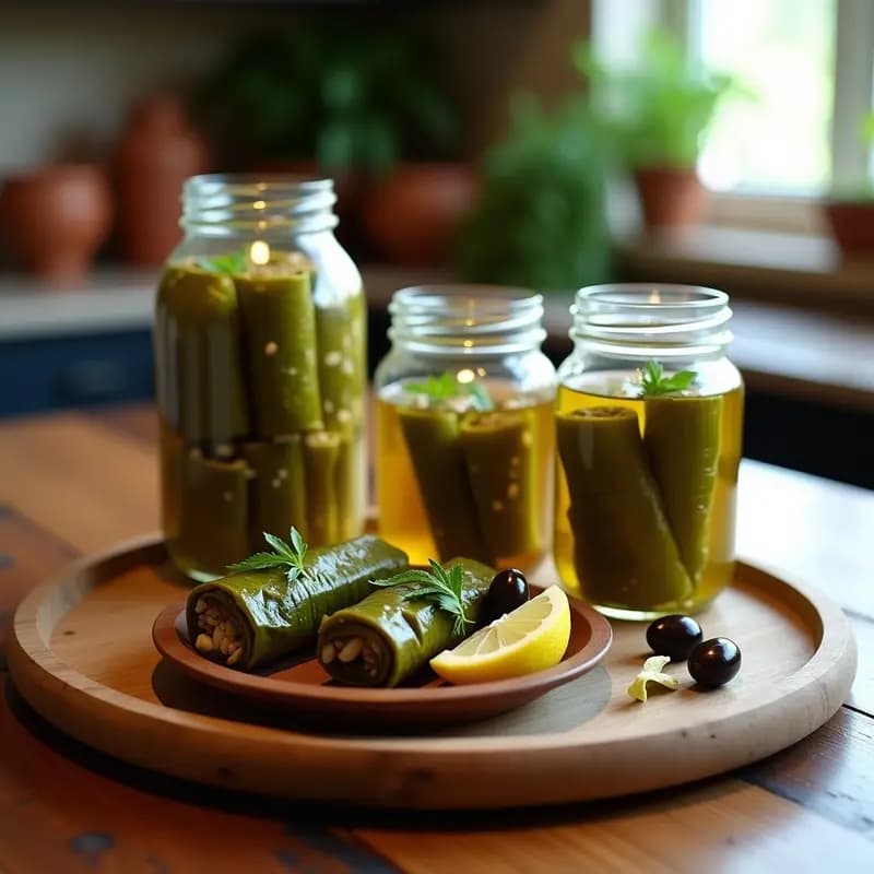 Tarros de vidrio transparentes llenos de dolmas de arroz salvaje y hierbas griegas en conserva, con hojas de parra enrolladas visibles, bañados en líquido dorado con hierbas flotando. Plato de madera rústica al lado con algunos dolmas servidos, acompañados de limón y aceitunas.