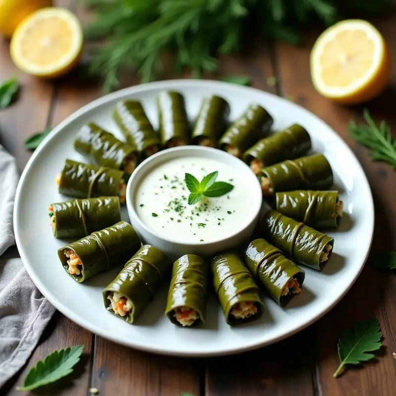 Plato blanco con dolmas de arroz salvaje y hierbas envueltos en hojas de parra, dispuestos en círculo y acompañados de un bol de salsa de yogur de soja cremosa. Decoración con hierbas frescas y rodajas de limón al fondo. Receta de aperitivo griego sin lactosa.