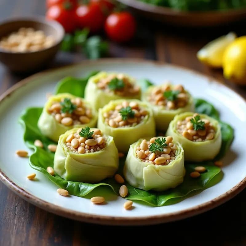 Plato blanco rústico con dolmas de col rellena de arroz silvestre y piñones, decorados con perejil fresco y rodajas de limón, servidos sobre hojas de col verde. Receta griega vegana con limón.