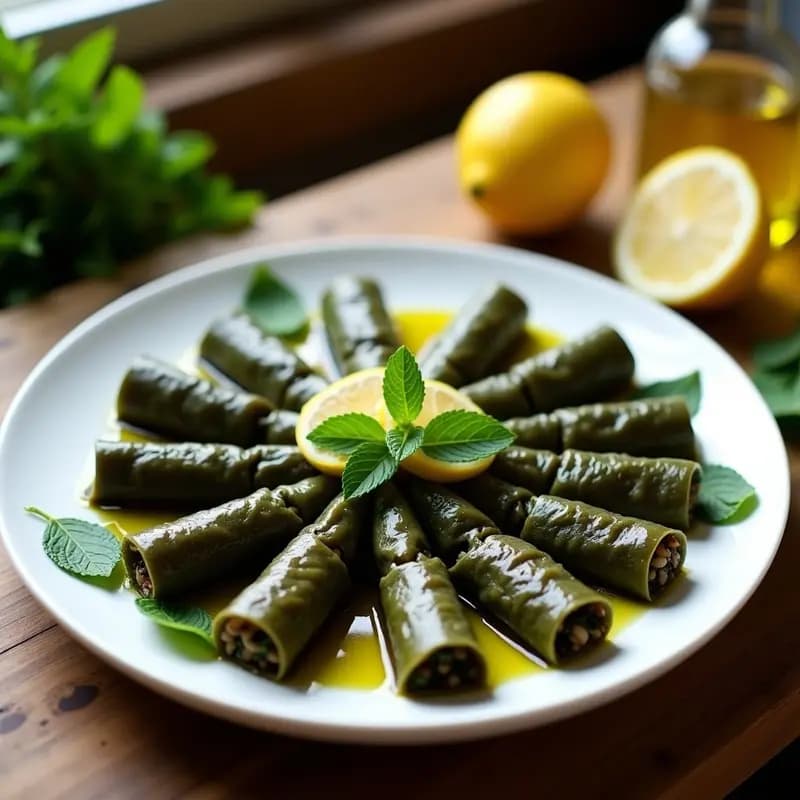 Plato blanco con dolmas de hojas de parra y arroz salvaje turcos, enrollados con precisión y servidos con rodajas de limón y hierbas frescas. Receta vegana y sin lácteos.