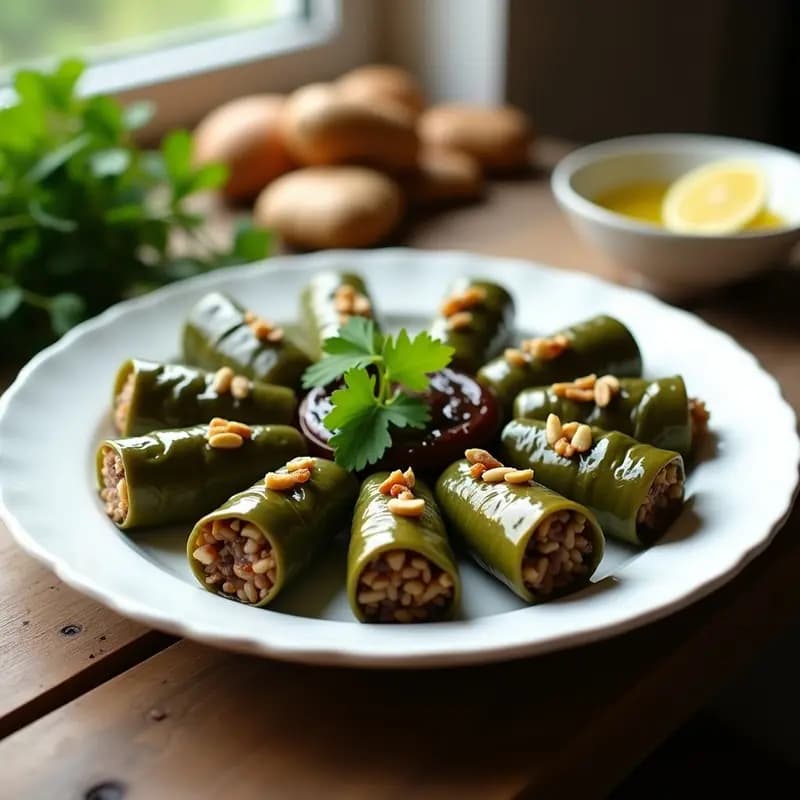 Plato de porcelana blanca con dolmas armenios de hojas de vid rellenos de arroz silvestre y pasas, decorados con sumac y rodajas de limón confitado. Fondo rústico con mantel de lino beige.