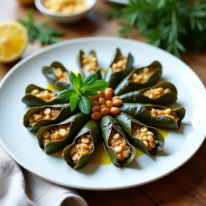 Plato blanco con dolmas de hojas de vid rellenos de quinoa y piñones, decorados con rodajas de limón y hierbas frescas, receta griega sin arroz y alta en fibra.