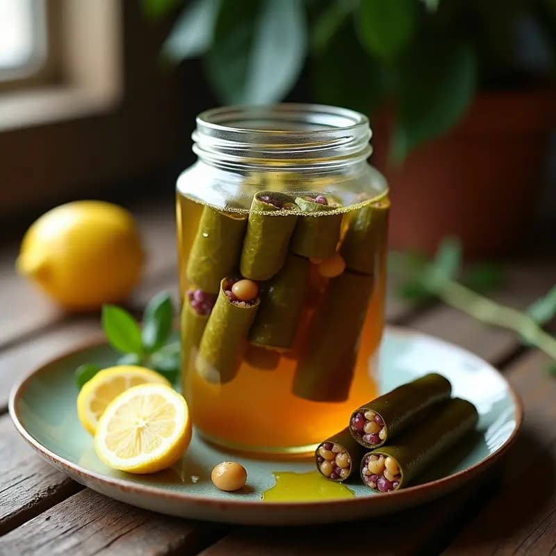 Frasco de vidrio transparente lleno de dolmas de hojas de parra en conserva, con relleno de garbanzos y limón confitado, bañados en líquido dorado de vinagre y aceite de oliva. Fondos de hojas de laurel y rodajas de limón decoran el tarro, sobre una mesa rústica de madera con luz natural.