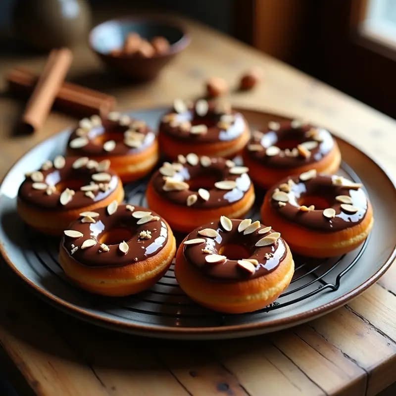 Donas doradas de batata y canela con glaseado brillante de chocolate 85%, decoradas con almendras fileteadas, sobre una rejilla de madera con fondo rústico. Receta brasileña sin harina.
