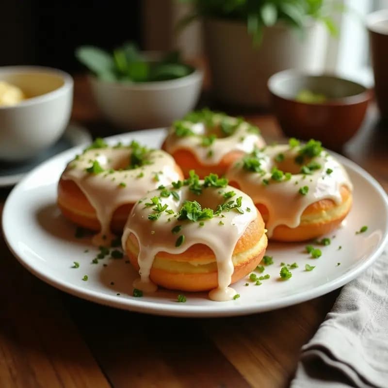 Donas veganas de batata y matcha con glaseado de coco brillante, decoradas con coco rallado y polvo de matcha, sobre fondo blanco con hojas de menta. Desayuno energético y fotogénico.