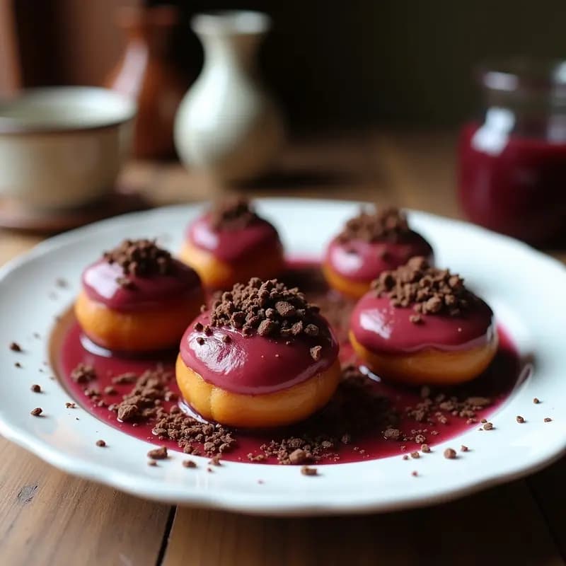 Dona esponjosa de color morado intenso con glaseado brillante de cacao y stevia, decorada con un toque de canela en polvo, sobre un plato de cerámica blanca con fondo rústico de madera.