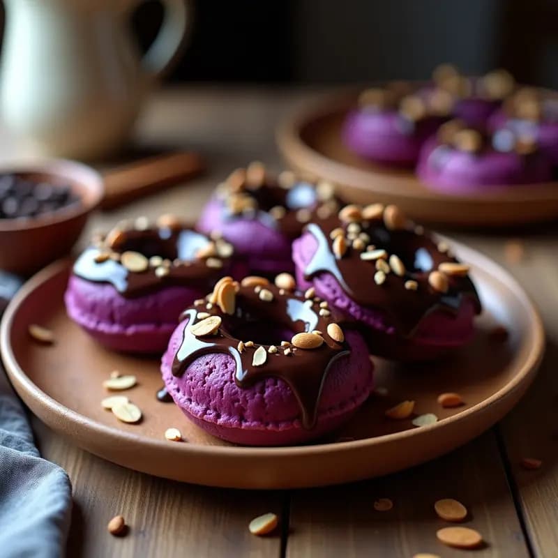 Donas veganas de batata morada y chocolate negro con almendras fileteadas, textura esponjosa y color morado intenso, servidas en plato rústico de madera con fondo borroso.