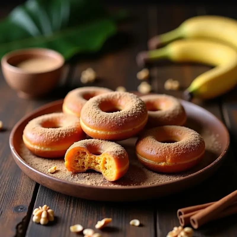 Donas de boniato y canela veganas, doradas y esponjosas, con un recubrimiento de azúcar de coco y canela, decoradas con nueces picadas. Presentadas en un plato de madera rústico con hojas de plátano al fondo, típicas del desayuno colombiano sin harina.