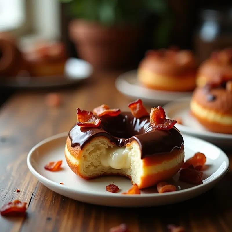 Donas doradas rellenas de crema de avellanas, bañadas en chocolate negro brillante y decoradas con virutas de bacon crujiente, servidas en una bandeja de madera con fondo desenfocado.