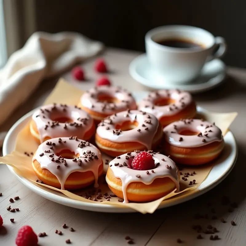 Donas Glaseadas con Relleno de Mermelada de Frambuesa y Virutas de Chocolate: Desayuno Dulce