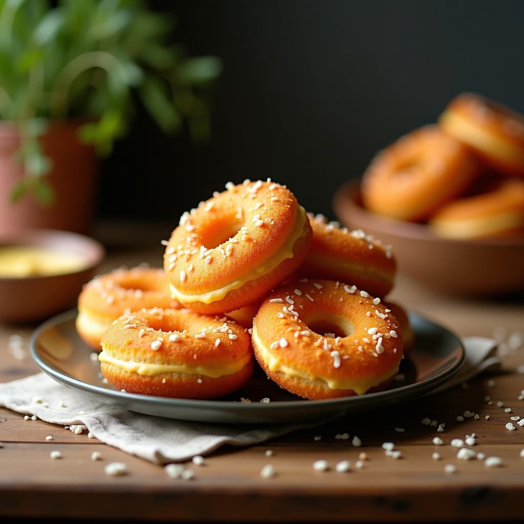Donas keto de harina de coco y zanahoria con glaseado dorado de cúrcuma, decoradas con nueces picadas, sobre un plato de cerámica blanca con fondo rústico.