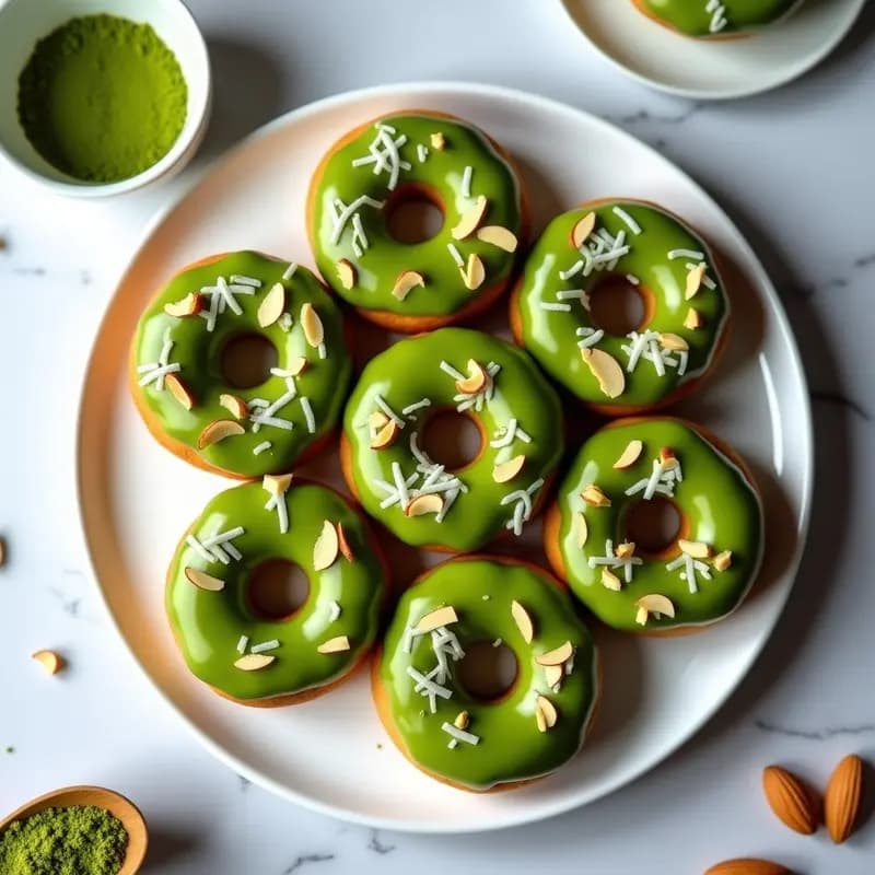 Donas esponjosas de proteína de guisante con glaseado verde brillante de matcha, decoradas con coco rallado y almendras fileteadas sobre un plato blanco con fondo minimalista.