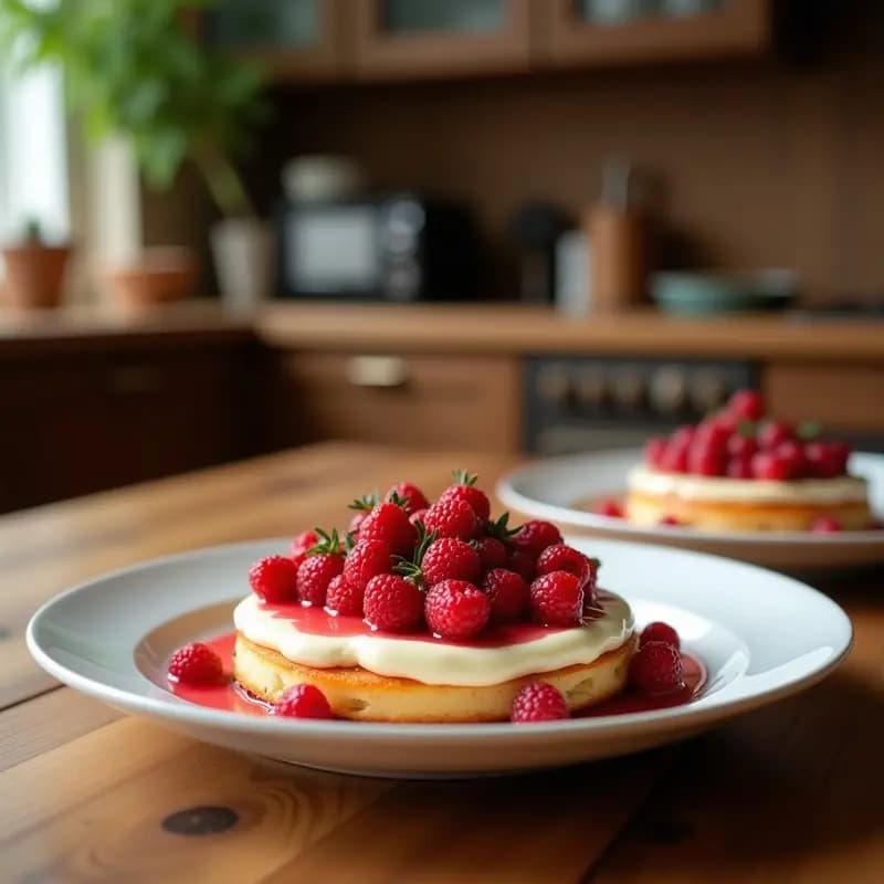 Donas doradas y crujientes rellenas de cheesecake cremoso, con un corazón de mermelada de frutos rojos asomando. Espolvoreadas de azúcar blanco y servidas en un plato rústico con fondo desenfocado.