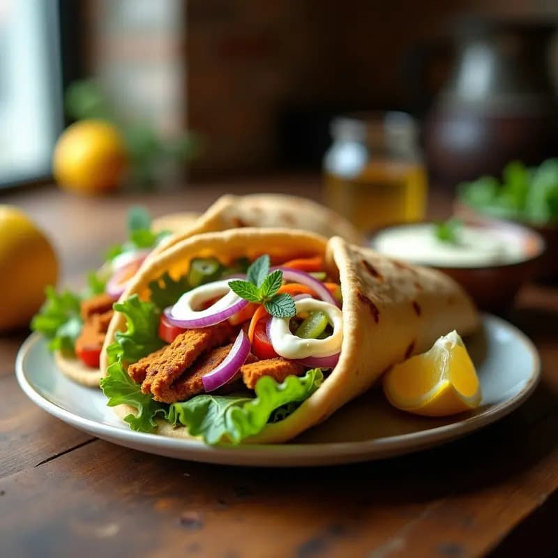 Döner Kebab Alemán de Seitán vegano servido en pan de pita integral, relleno de tiras doradas de seitán, lechuga fresca, tomate, pepino, cebolla morada y salsa cremosa de yogur y hierbas. Plato colorido y apetitoso con fondo rústico de madera.