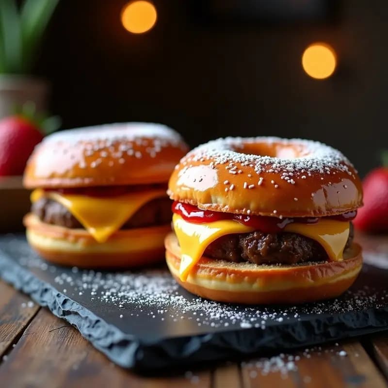 Donut burgers con pan de brioche glaseado dorado, rellenos de hamburguesa empanada crujiente, queso cheddar fundido y mermelada de fresa brillante, servidos en plato negro con azúcar glass espolvoreado.