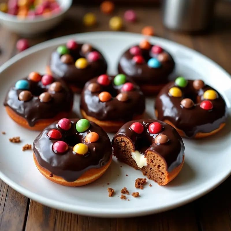 Donuts de chocolate fritos, rellenos de crema de avellanas y cubiertos con chocolate negro y Lacasitos coloridos, servidos en una bandeja blanca con fondo borroso.
