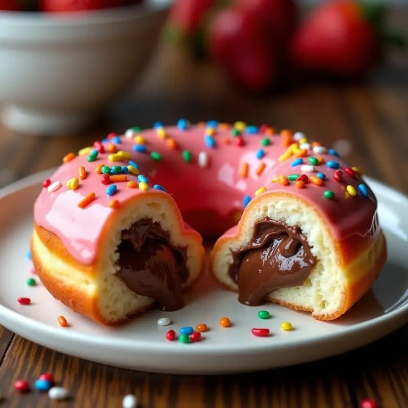 Donut dorado relleno de Nutella y queso crema, con glaseado de fresa brillante y sprinkles arcoíris, sobre fondo raro de madera.