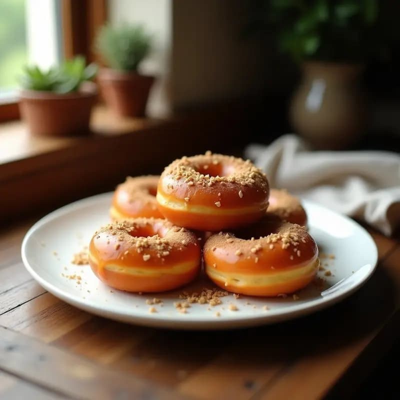 Donuts dorados de boniato y canela sin harina ni azúcar, apilados en un plato blanco rústico con almendras fileteadas tostadas y un toque de canela espolvoreada. Receta saludable para desayuno.