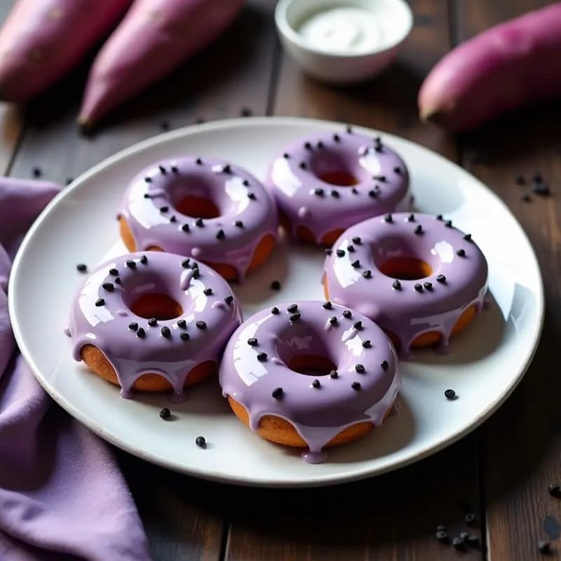 Donuts morados vibrantes con glaseado blanco cremoso de yogur griego y semillas de amapola negras, presentados en un plato blanco sobre fondo oscuro. Receta de donuts de boniato morado fitness.