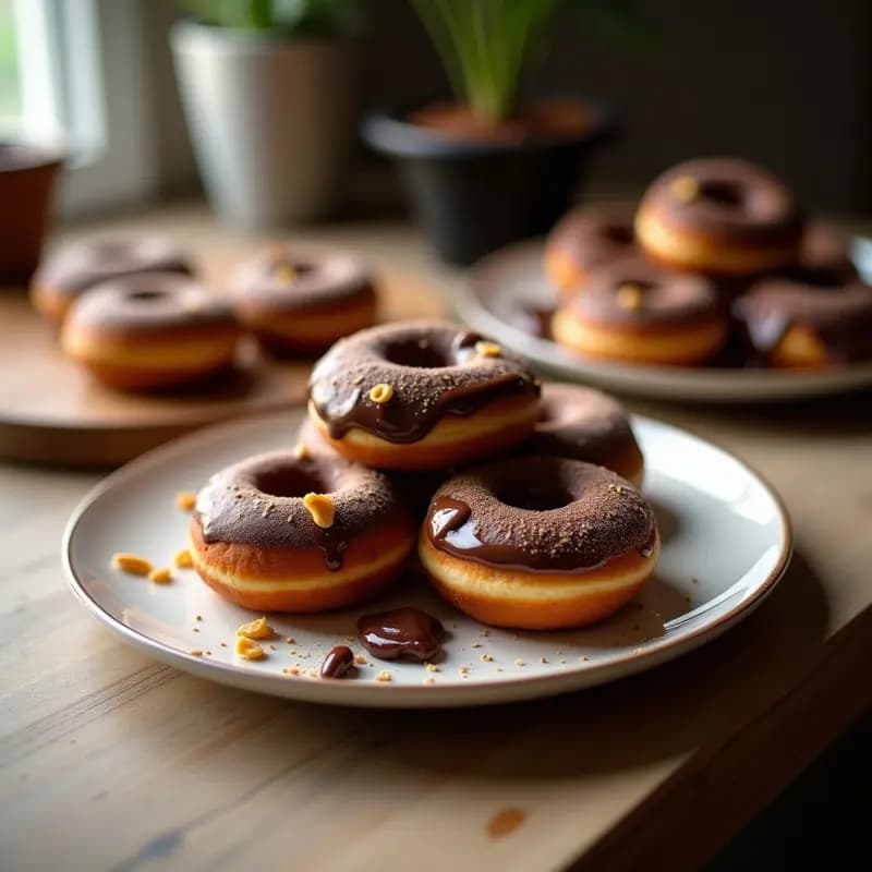 Donuts caseros dorados y esponjosos rellenos de Nutella, bañados en chocolate negro brillante con virutas de oro comestible y espolvoreados con azúcar glas, sobre una bandeja de madera rústica con fondo borroso.