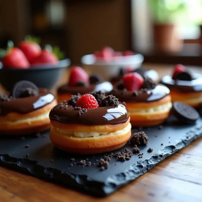 Donuts Rellenos de Cheesecake de Fresa y Bañados en Chocolate con Virutas de Oreos