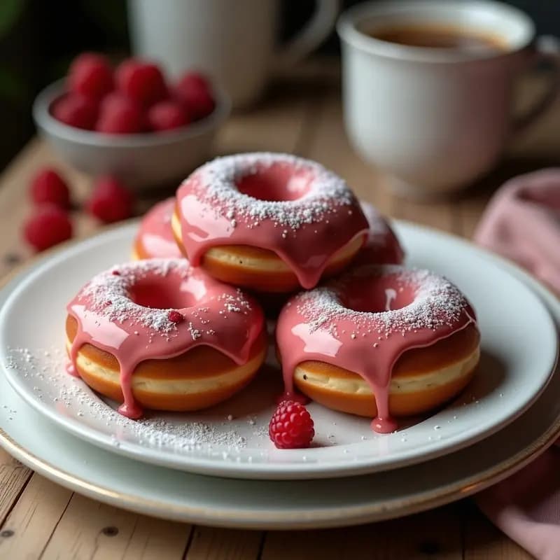 Donuts dorados rellenos de crema de chocolate oscuro asomando por los bordes, bañados en un glaseado rosa brillante y decorados con sprinkles de colores, servidos en una bandeja de madera rústica.