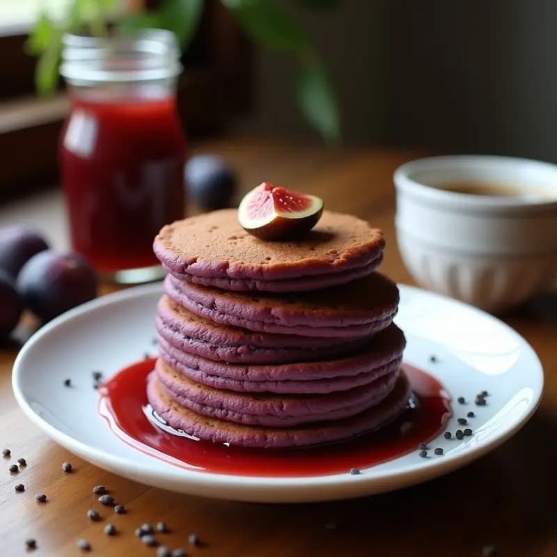 Dorayaki vegano apilado con relleno de mermelada de higos asomándose entre dos discos esponjosos de color morado intenso. Plato de cerámica blanca con semillas de chía espolvoreadas y fondo de madera rústica.