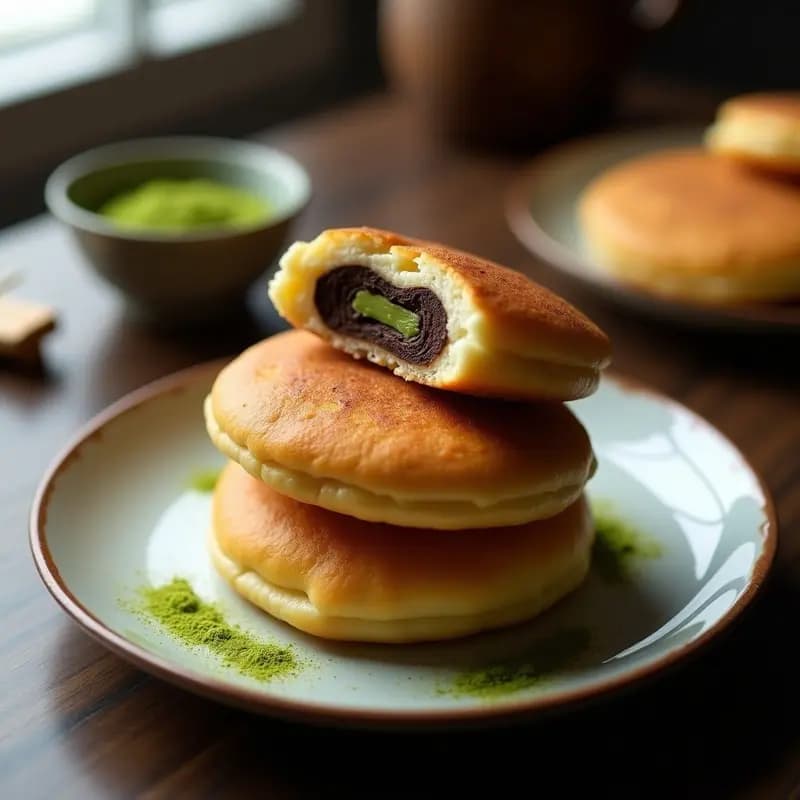Dorayaki japonés fusion con relleno de chocolate negro y wasabi, apilados en un plato de cerámica blanca con detalles dorados. Los panqueques son dorados y esponjosos, con el relleno cremoso asomando por los bordes. Fondos de hoja de bambú y taza de té verde para ambientación tradicional.