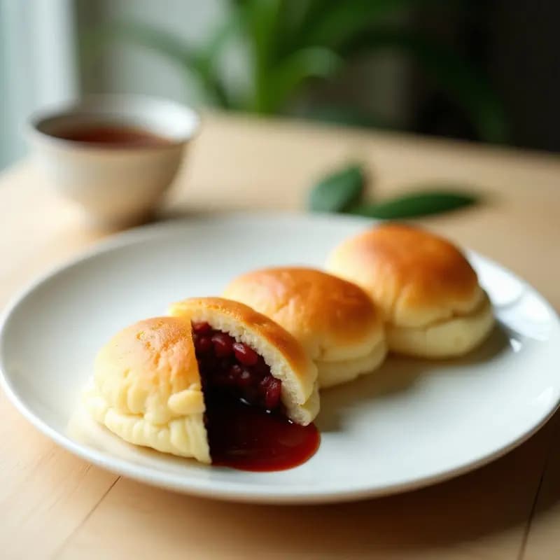 Plato blanco con tres dorayaki apilados, mostrando su relleno cremoso de frijoles rojos y moto. Los panqueques son dorados y esponjosos, con un brillo sutil en la superficie. Fondo minimalista con hojas de té verde y una taza de matcha.