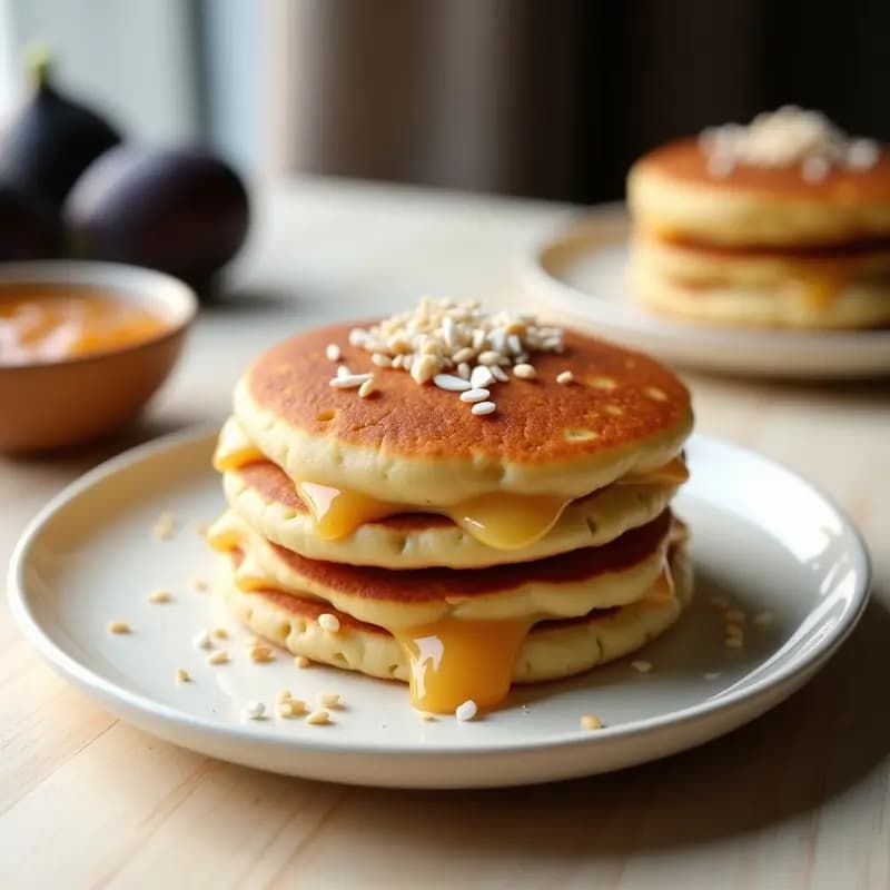 Dorayaki veganos apilados mostrando su relleno de queso crema blanco y mermelada de higo dorada, sobre un plato de cerámica japonesa con fondo oscuro.