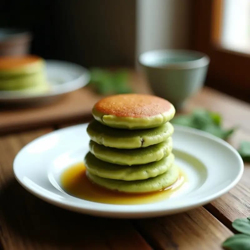 Dorayaki de matcha y anko apilados en un plato de porcelana blanca, con panqueques esponjosos de color verde claro rellenos de pasta de judías rojas oscura, sobre fondo de madera rústica con hojas de té verde esparcidas.