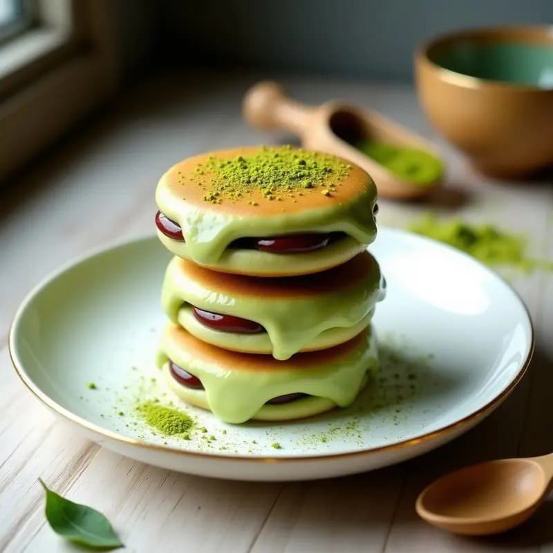 Dorayaki de Matcha y Crema de judías Rojas: dos panqueques esponjosos de color verde pálido rellenos de crema de judías rojas oscura, apilados y servidos en un plato blanco con un poco de matcha espolvoreado por encima.
