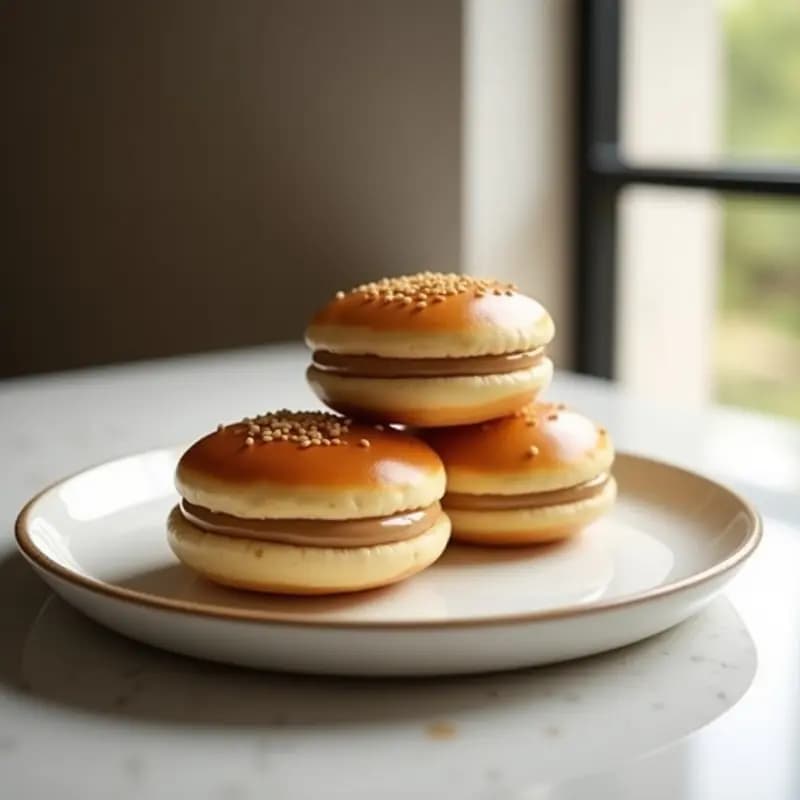 Dorayaki de Mochi y Crema de Cacahuete: dos postres japoneses apilados con capa de mochi elástico, rellenos de crema de cacahuete sedosa, servidos en plato blanco con semillas de sésamo espolvoreadas.