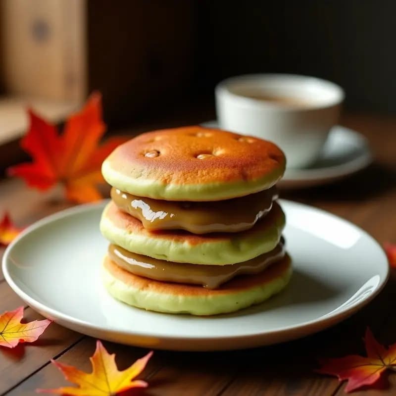 Dorayaki japonés con relleno de pasta de judías rojas y castaña, apilados en un plato de cerámica blanca con hojas de arce de fondo, postre de otoño tradicional.