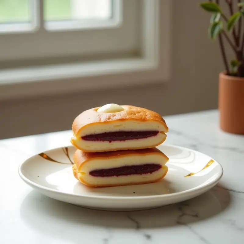 Dorayaki japonés perfectamente apilado con relleno de pasta de judías rojas y chocolate blanco asomando por los bordes, sobre un plato de cerámica blanca con detalles de hoja de oro, fondo minimalista y luz natural suave.