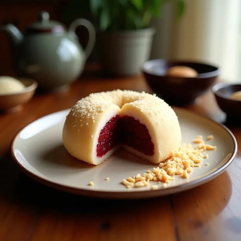 Dorayaki vegano con relleno de pasta de judías rojas y coco rallado, apilados en un plato de cerámica blanca con detalles de hoja de oro, rodeados de coco rallado tostado y una taza de té matcha al fondo.