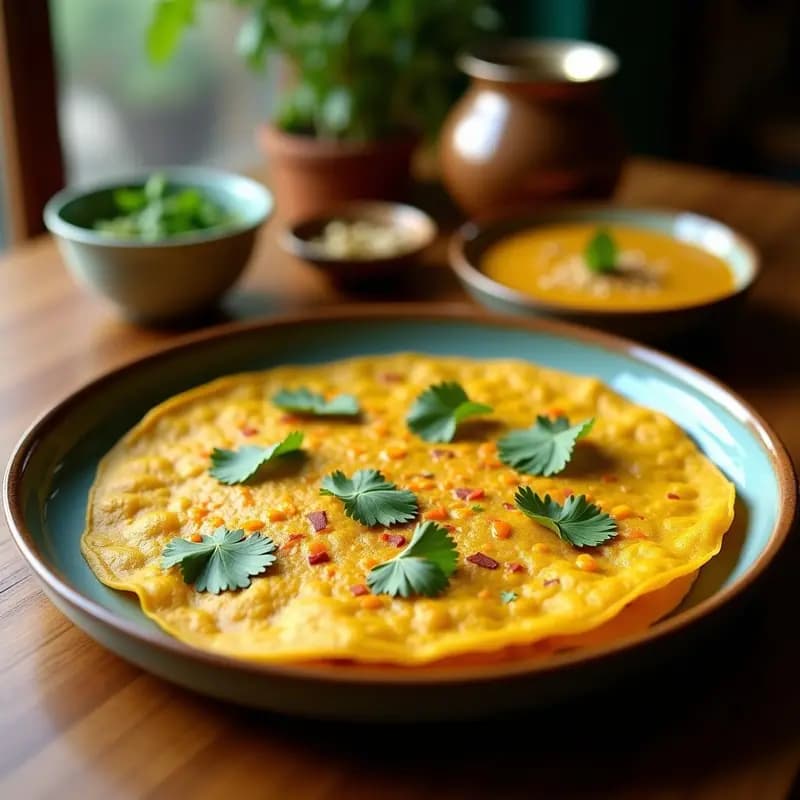 Plato con dosas doradas y crujientes de lentejas y cúrcuma, apiladas y acompañadas de un bol de chutney verde de coco y cilantro, decorado con hojas de cilantro fresco y rodajas de limón.