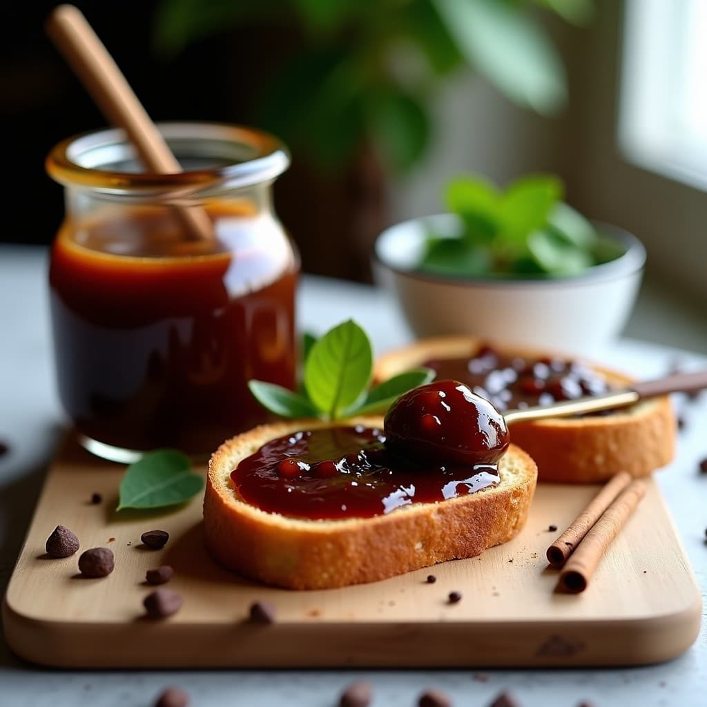Tarros de vidrio con mermelada brasileña de cupuaçu y cacao sin azúcar, textura brillante y oscura, servida sobre tostada integral con semillas. Fondo rústico con fruta de cupuaçu y cacao en polvo espolvoreado.