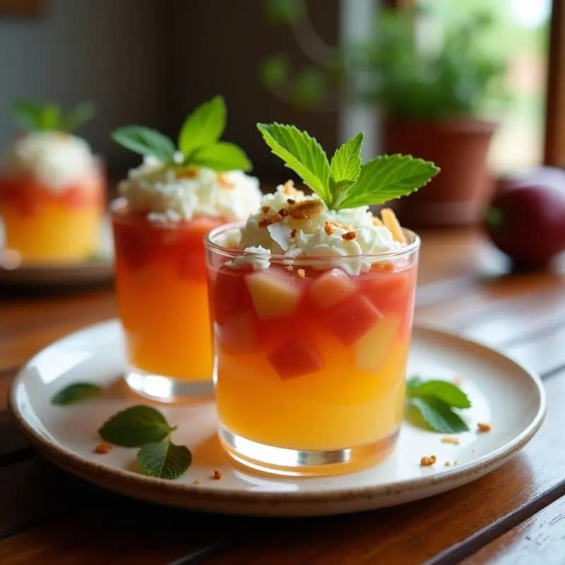 Copas de vidrio transparente con capas de dulce de guayaba espeso y queso fresco desmenuzado, decorado con coco rallado tostado y hojas de hierbabuena, postre latino sin horno y alto en calcio.