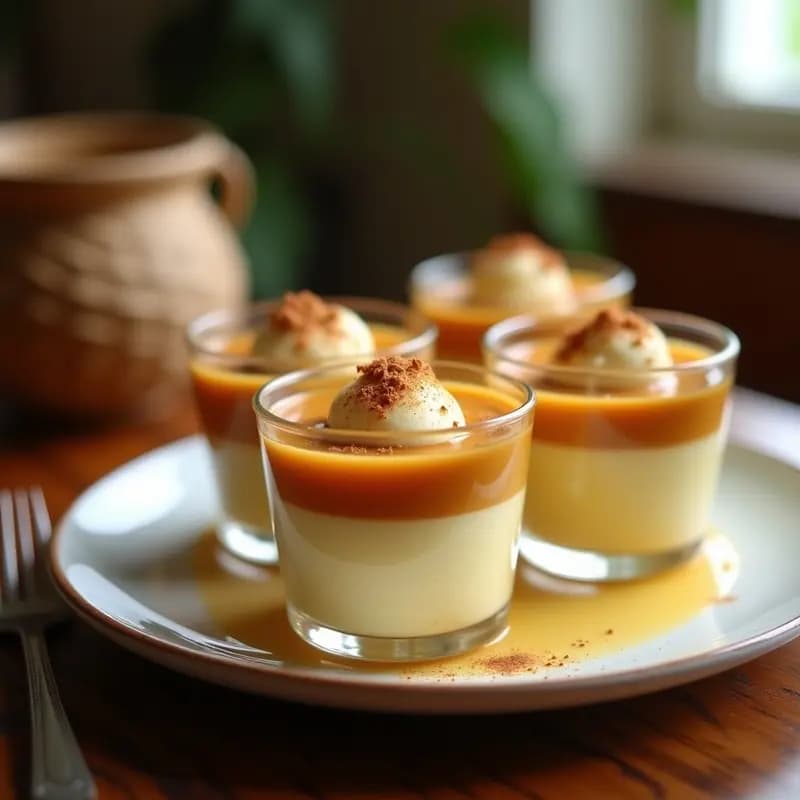 Postre tradicional colombiano en capas: dulce de leche cremoso con arequipe, queso campesino desmenuzado y almendras fileteadas, servido en un tazón rústico de barro con fondo de madera.