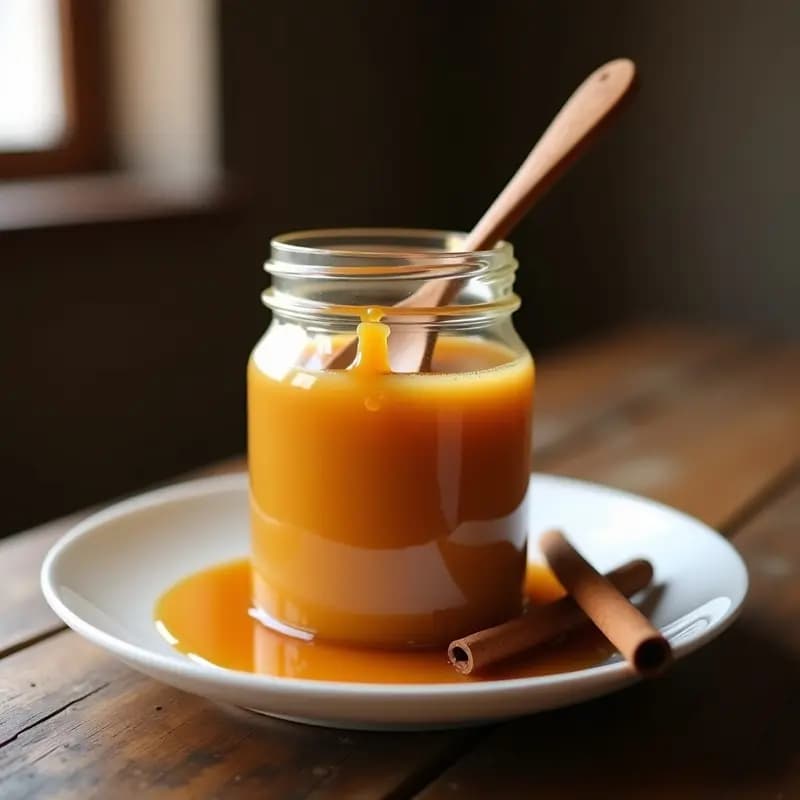 Frasco de vidrio transparente lleno de dulce de leche argentino casero de color dorado intenso, con textura cremosa y brillo natural, preparado en olla a presión, sobre una mesa rústica de madera con una cuchara de madera y una rama de canela al lado.