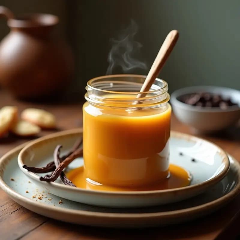 Frasco de vidrio transparente lleno de dulce de leche casero argentino de color ámbar oscuro, con una cuchara de madera sumergida, sobre una mesa rústica de madera con una unała de olla de hierro fundido al fondo.