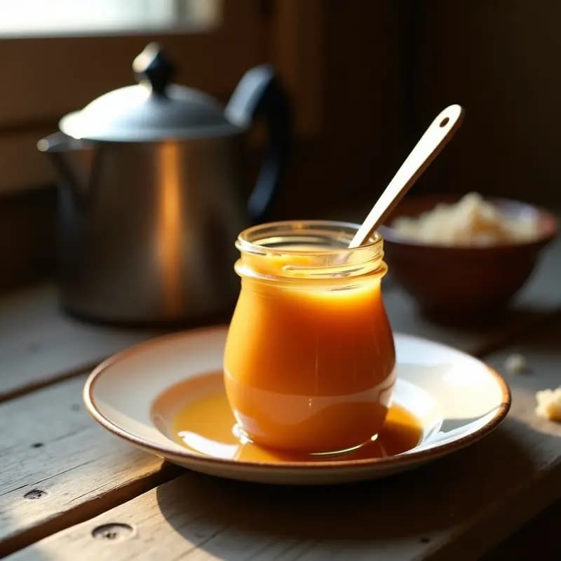 Frasco de vidrio transparente lleno de dulce de leche casero oscuro y brillante, con una cuchara de madera sumergida, sobre fondo rústico de madera. Receta tradicional argentina con dos ingredientes en olla exprés.