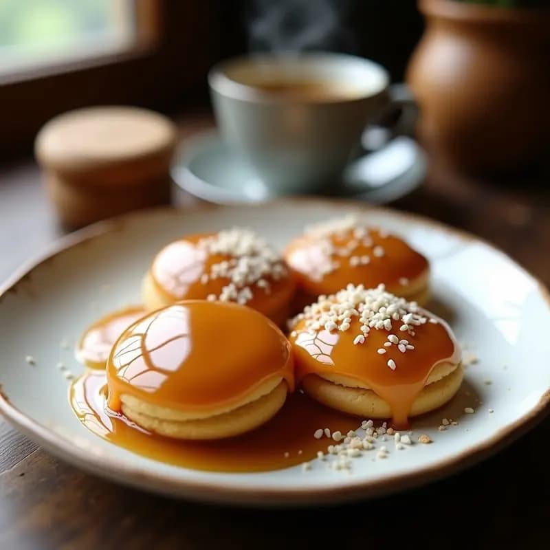 Plato tradicional colombiano con dulce de leche cremoso y dorado, acompañado de arequipes esponjosos, queso fresco desmenuzado y coco rallado, servido en un plato de barro rústico.