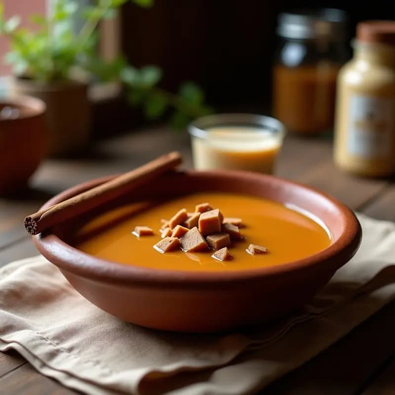 Dulce de leche cortada colombiano en un bol de barro, con textura espesa y color caramelo oscuro, decorado con una rama de canela y trozos de panela. Plato tradicional de la cocina colombiana.