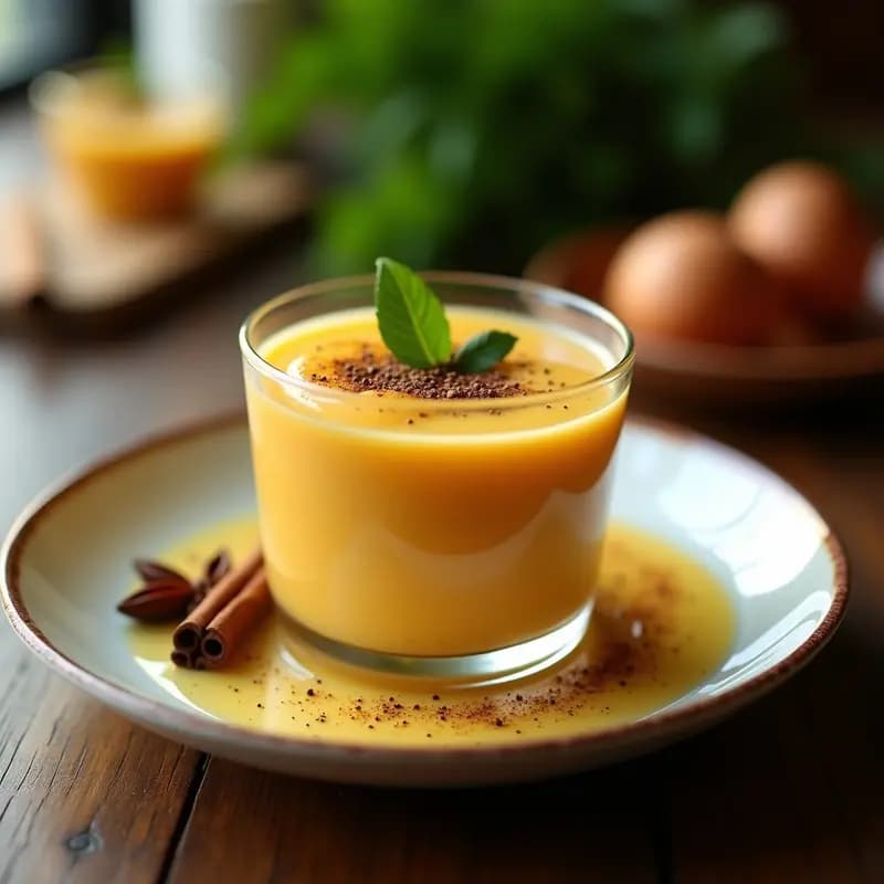 Copa de cristal transparente con dulce de leche cortada filipina, de color dorado intenso, decorada con una pizca de pimienta negra y una hoja de pandan. Fondo borroso con especias como anís estrellado y canela en rama.