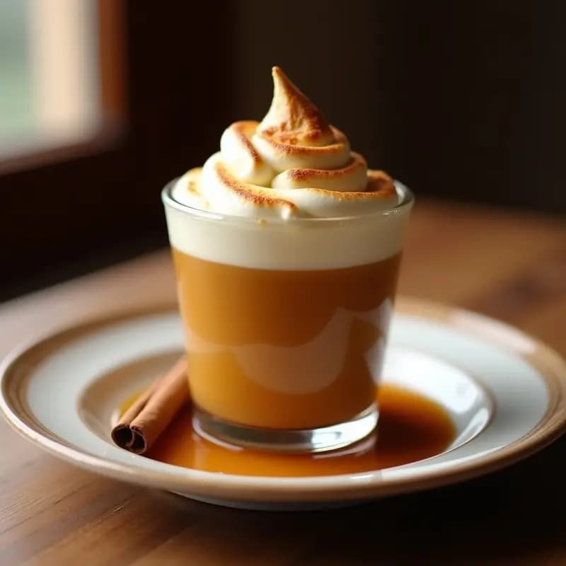 Copa de cristal transparente con capas de dulce de leche cortada dorada y merengue blanco esponjoso tostado en la superficie, decorado con canela en polvo. Postre colombiano tradicional en 3 pasos.