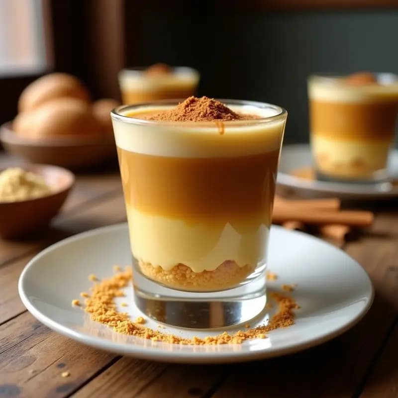 Dulce de leche cortada colombiana en copa de cristal con 3 capas visibles: base de galleta de maíz dorada, capa intermedia de arequipe dorado brillante y capa superior de leche cortada cremosa con canela espolvoreada, sobre fondo rústico de madera con panela rallada y canela en rama como decoración.