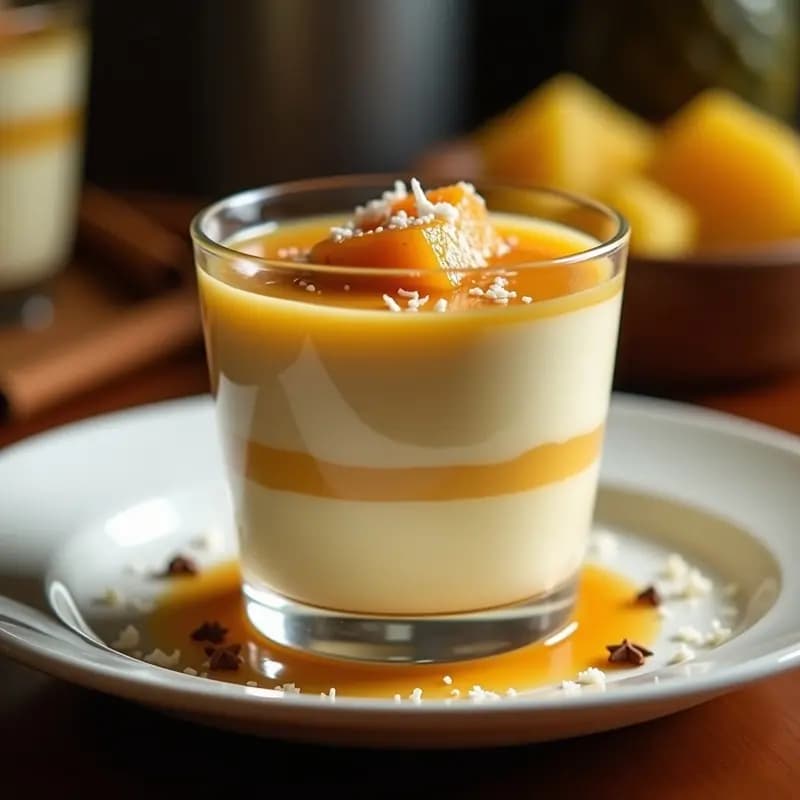 Copas de cristal transparente con capas de dulce de leche cortada cremosa y piña caramelizada dorada, decorada con coco rallado y una rama de canela, sobre un fondo rústico de madera.
